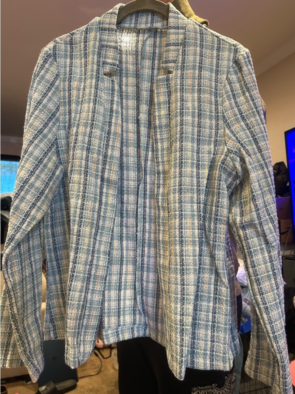 SHEIN Blue & White Plaid Tweed Blazer